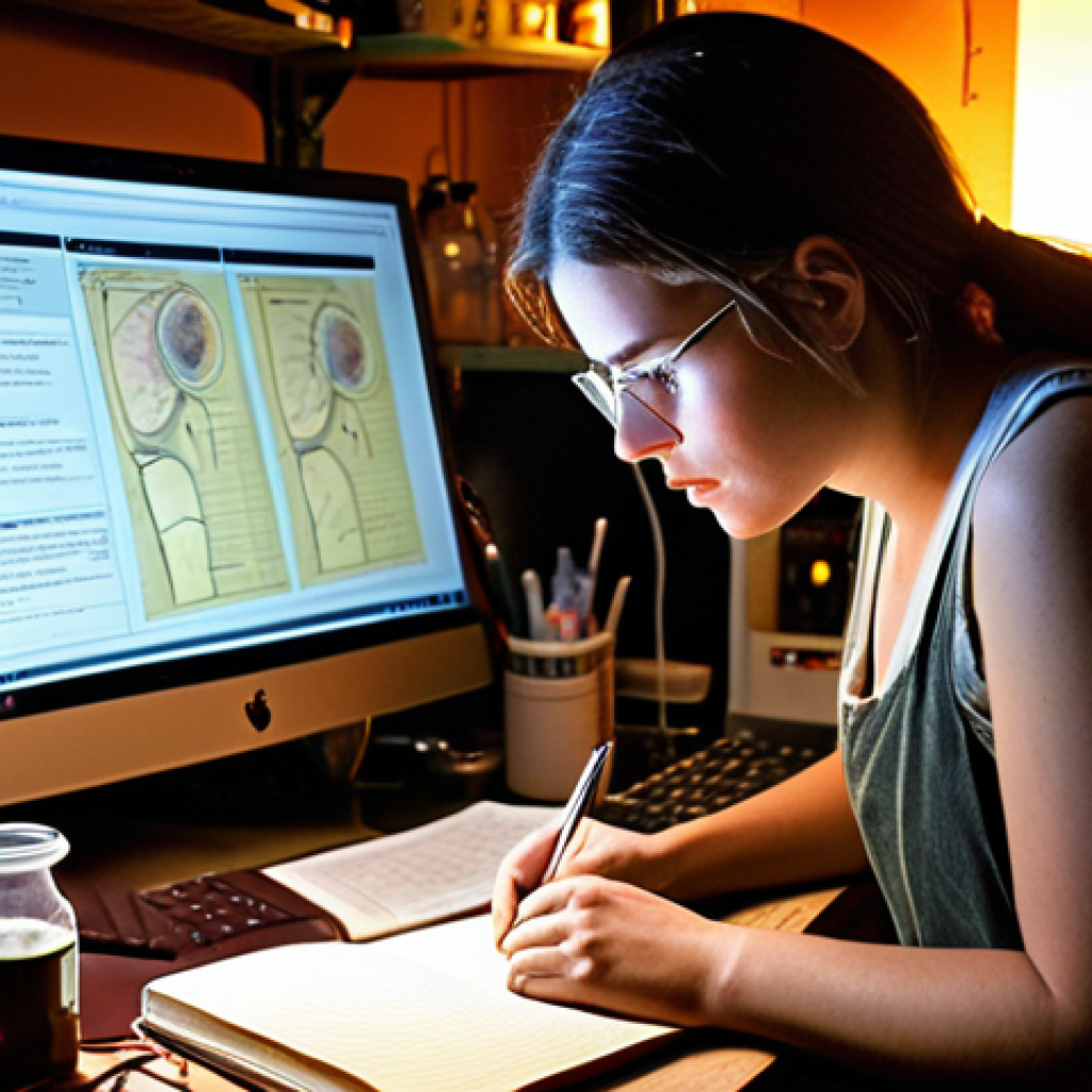 **A biologist in a cluttered lab, late at night, illuminated by the glow of a computer screen. She's pausing to write in a worn, leather-bound journal, a look of inspiration on her face. Beakers, petri dishes, and scientific instruments are scattered around her. Emphasize the contrast between the technical equipment and the personal, reflective nature of the journal. Warm lighting, slightly out of focus background. Focus on passion and wonder.**