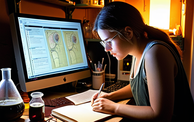 **A biologist in a cluttered lab, late at night, illuminated by the glow of a computer screen. She's pausing to write in a worn, leather-bound journal, a look of inspiration on her face. Beakers, petri dishes, and scientific instruments are scattered around her. Emphasize the contrast between the technical equipment and the personal, reflective nature of the journal. Warm lighting, slightly out of focus background. Focus on passion and wonder.**