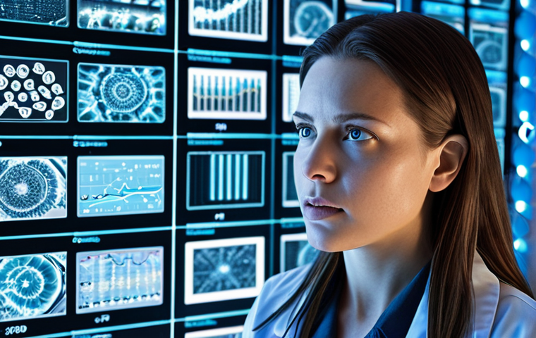 **Prompt 1: The Bioinformatician's Eureka Moment**
    A highly detailed, photorealistic image of a female bioinformatician in a futuristic, brightly lit lab, surrounded by holographic displays showing intricate genomic data visualizations, spiraling DNA strands, and complex molecular structures. Her face expresses intense focus and a sudden spark of "Eureka!" as glowing lines of code and data flow seamlessly around her, symbolizing the power of AI and machine learning in biological discovery. The atmosphere is one of groundbreaking precision and scientific advancement, with a clean, high-tech aesthetic.