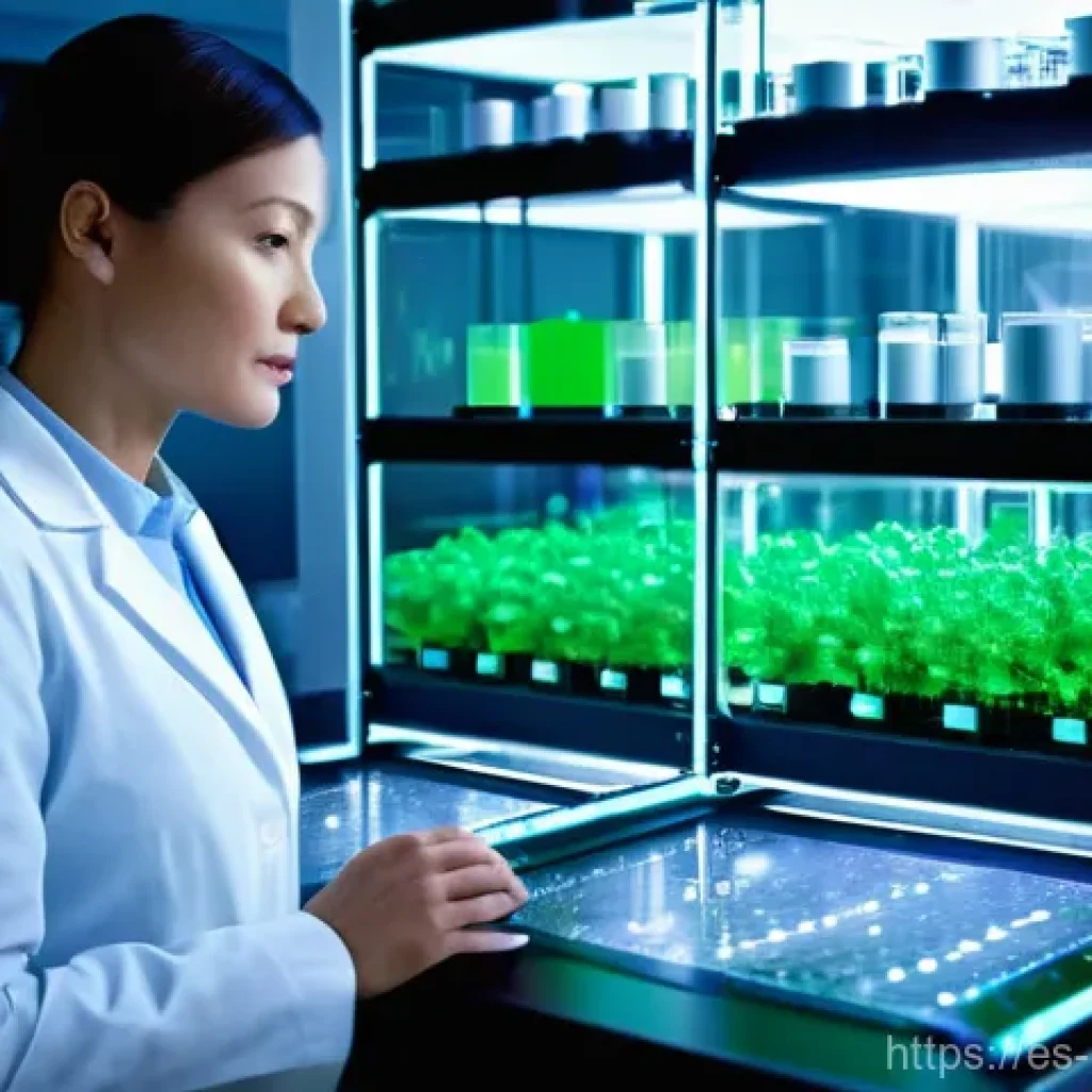 생물학자 창의적 문제 해결 능력 - **Prompt:** A highly advanced, futuristic biology lab scene. A focused biologist, wearing a sleek, m...