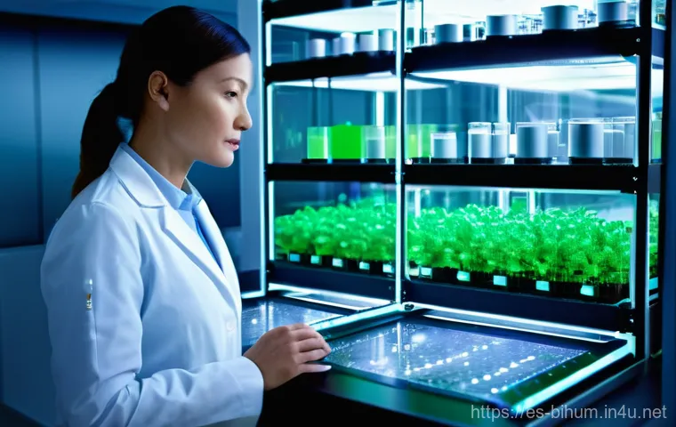 생물학자 창의적 문제 해결 능력 - **Prompt:** A highly advanced, futuristic biology lab scene. A focused biologist, wearing a sleek, m...