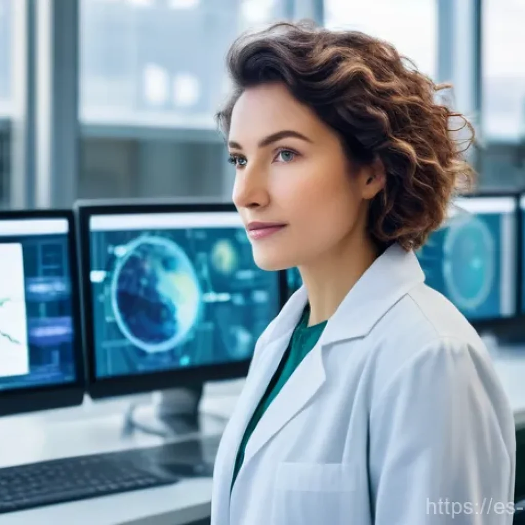 생물학자 업무 리더십 기술 - A visionary female biologist, in her late 20s, with short, professional hair, wearing a stylish, fit...