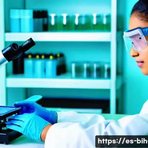 생물학자 실기 시험 준비 - A detailed laboratory setting featuring a student wearing a lab coat and safety goggles, carefully p...