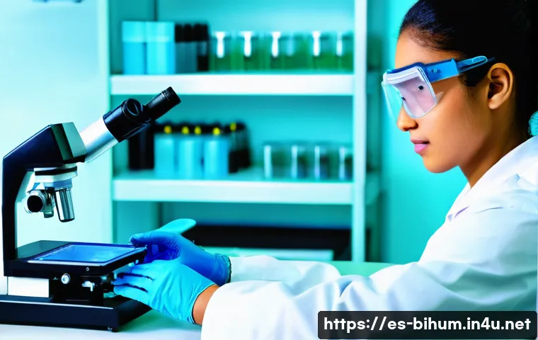 생물학자 실기 시험 준비 - A detailed laboratory setting featuring a student wearing a lab coat and safety goggles, carefully p...