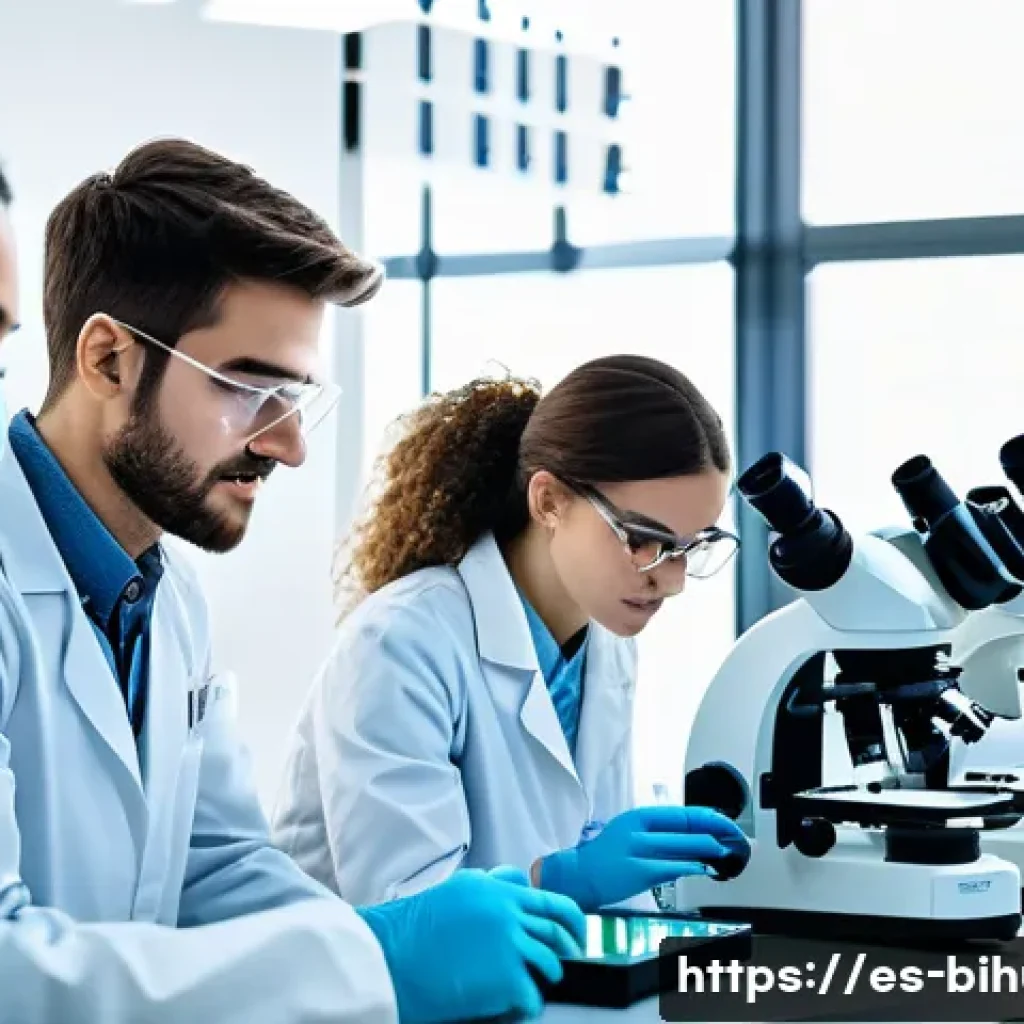 생물학자 자격 취득 방법 - A modern university biology laboratory scene in Spain, featuring diverse young adult students wearin...