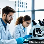 Home 18 생물학자 자격 취득 방법 - A modern university biology laboratory scene in Spain, featuring diverse young adult students wearin...