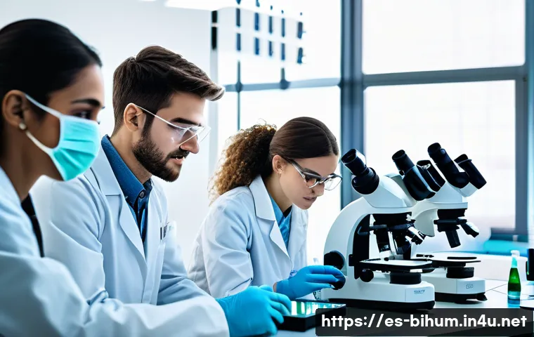 생물학자 자격 취득 방법 - A modern university biology laboratory scene in Spain, featuring diverse young adult students wearin...